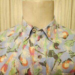 men's Flusser shirt L blue cotton birds flowers button-down